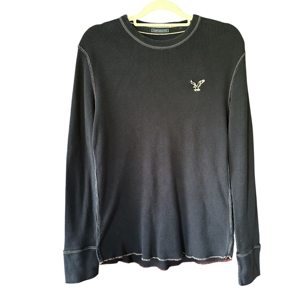 American Eagle Mens Y2K Ribbed Blue Thermal Long Sleeve Sz M Waffle Knit Layer